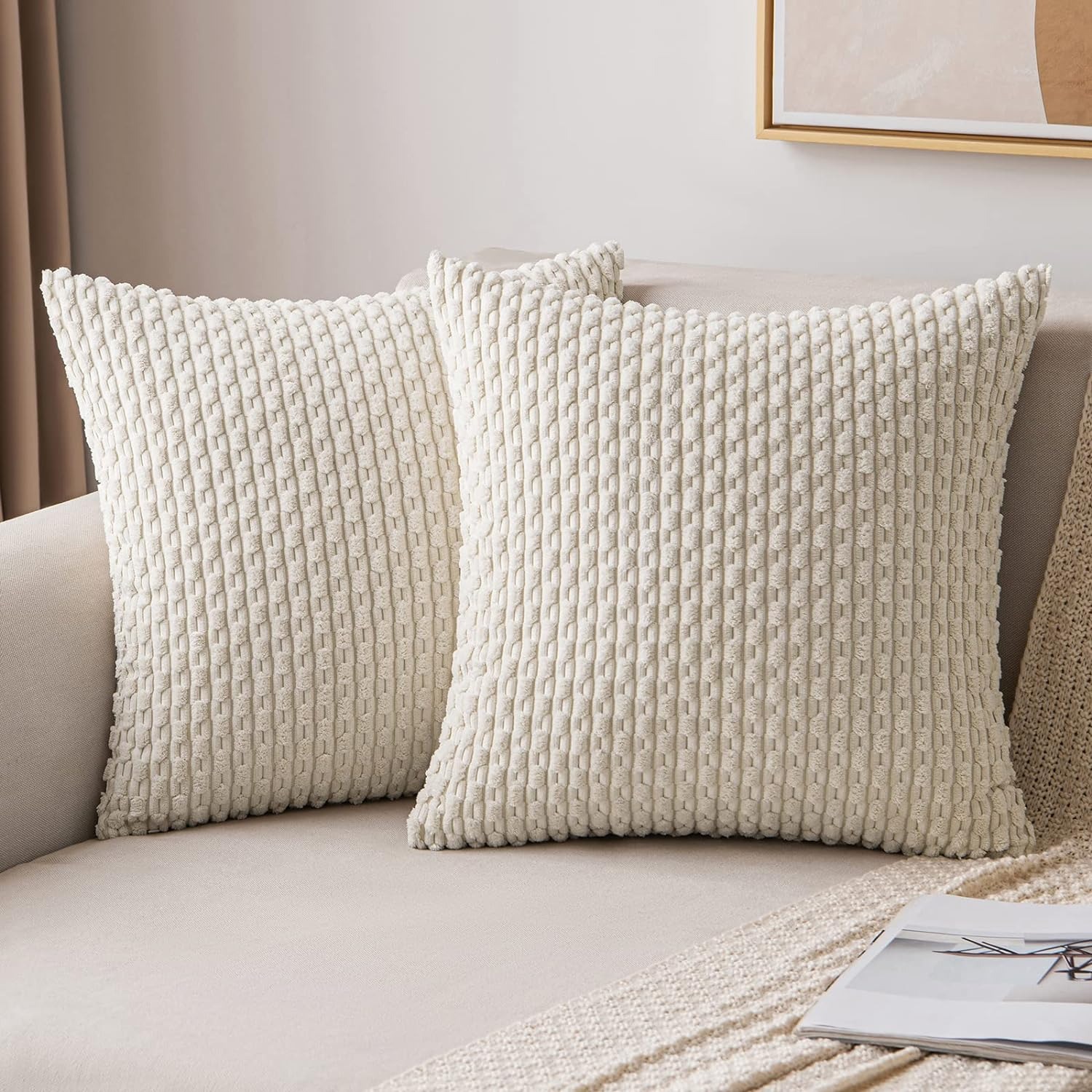 Pillow Insert 18X18 - ストライプスローピローカバー 18 × 18 インチベージュボヘミアンコーデュロイクッションカバーソファリビングルームモダンホーム枕カバーホームデコ