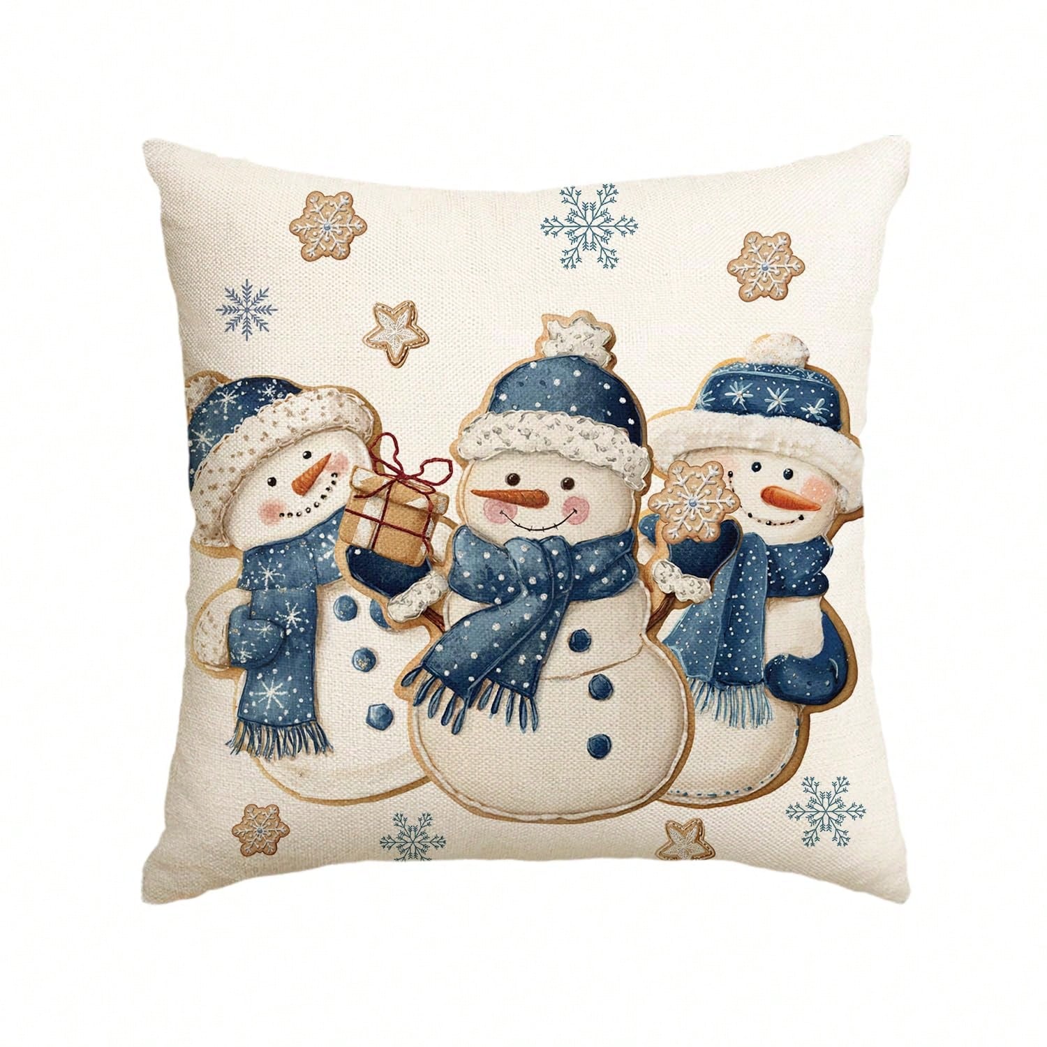 Pillow Insert 18X18 - 冬の雪だるまと雪の結晶の柄が描かれた、18インチ×18インチのクッションカバー1枚。クッキー、星、ギフト、青いスカーフ、帽子のデザイン。クリスマスやホリデーシーズンに最適な、ソファやカウチに飾るためのクッションケース。片面プリント、素材はポリエステル100%（中材は付属しません）。
