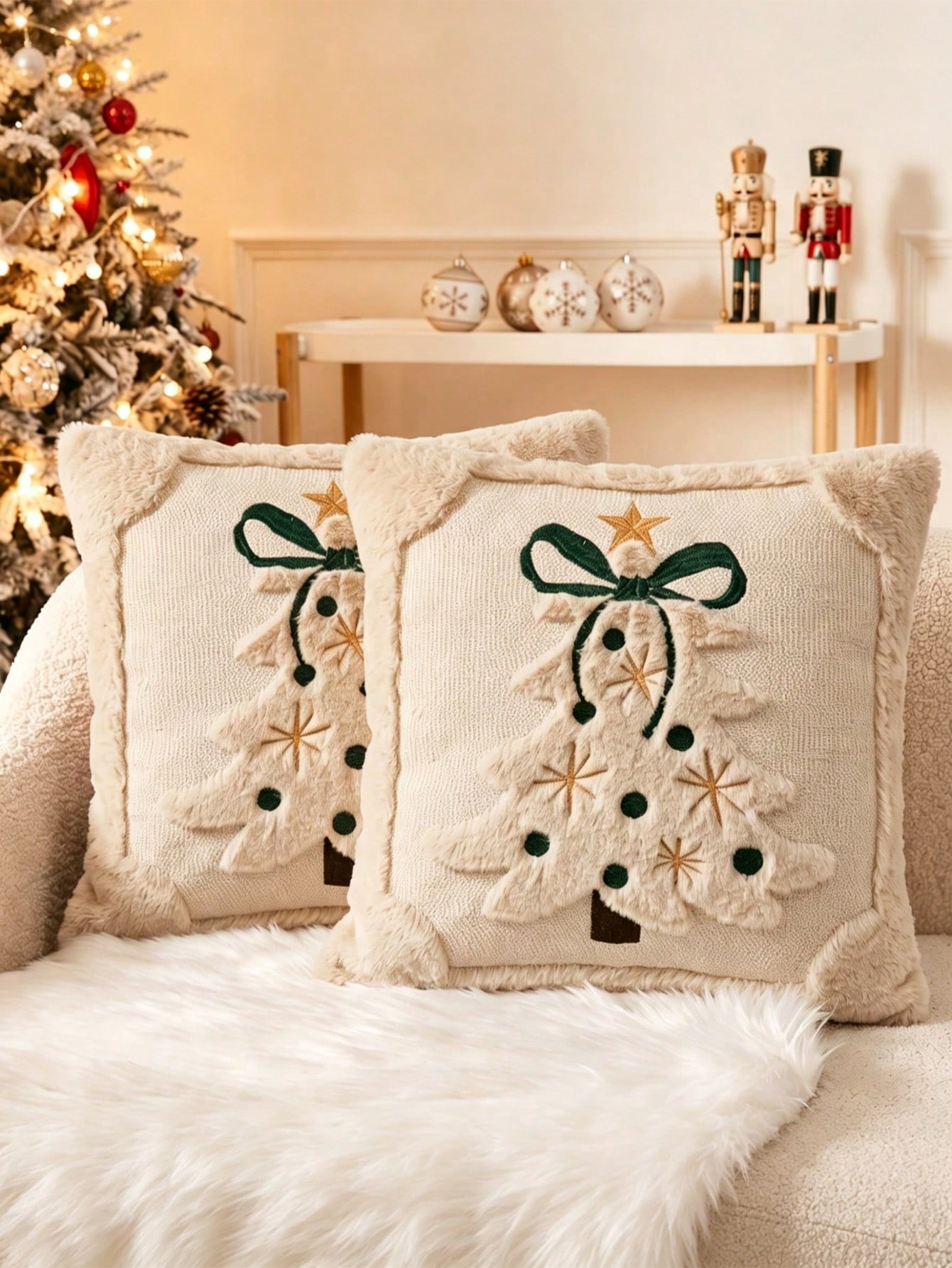 Pillow Insert 18X18 - 3Dジャカード織のクリスマスツリー柄、リボン付きクッションカバー2枚セット。冬の装飾に最適な、フェイクファー素材の刺繍リボンと星のモチーフが施されたクッションカバー。サイズは18x18インチ。ソファやリビングルーム、ホリデーシーズン、クリスマスギフトに最適な、カントリー調の装飾クッションカバー。中綿は付属しません。クリスマスのホームデコレーションに。