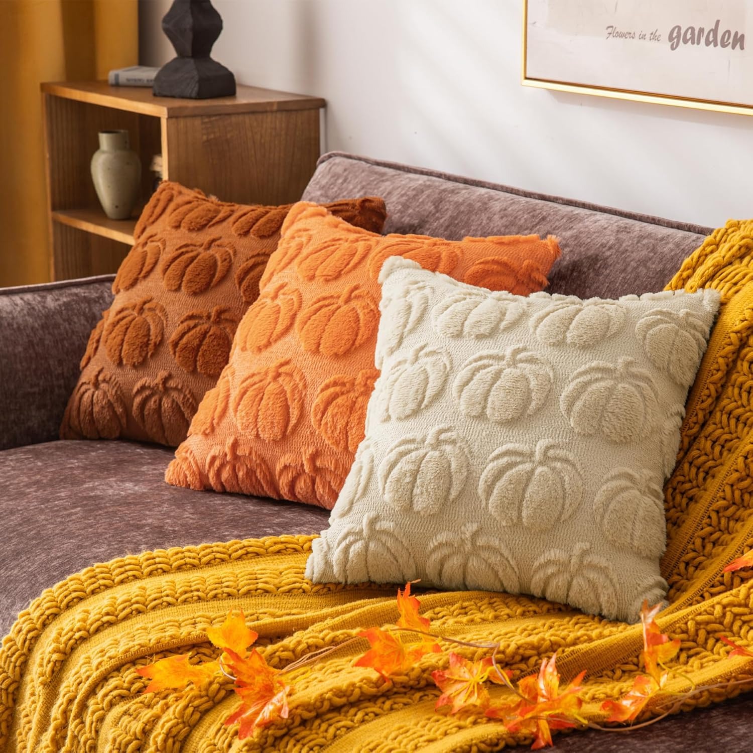 ベージュカボチャソファ枕カバー秋枕カバーフェイクウール刺繍  - Pillow Insert 18X18 のレビューと価格