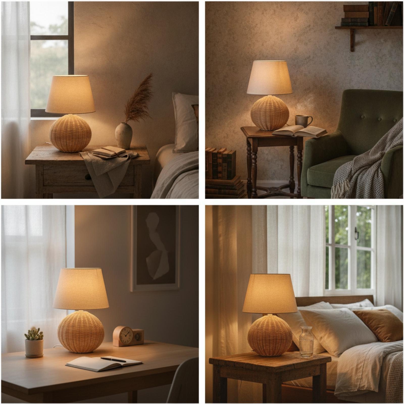 ベッドサイドランプ ラタンベース ファブリックシェード ナイ - Home Textile のレビューと価格