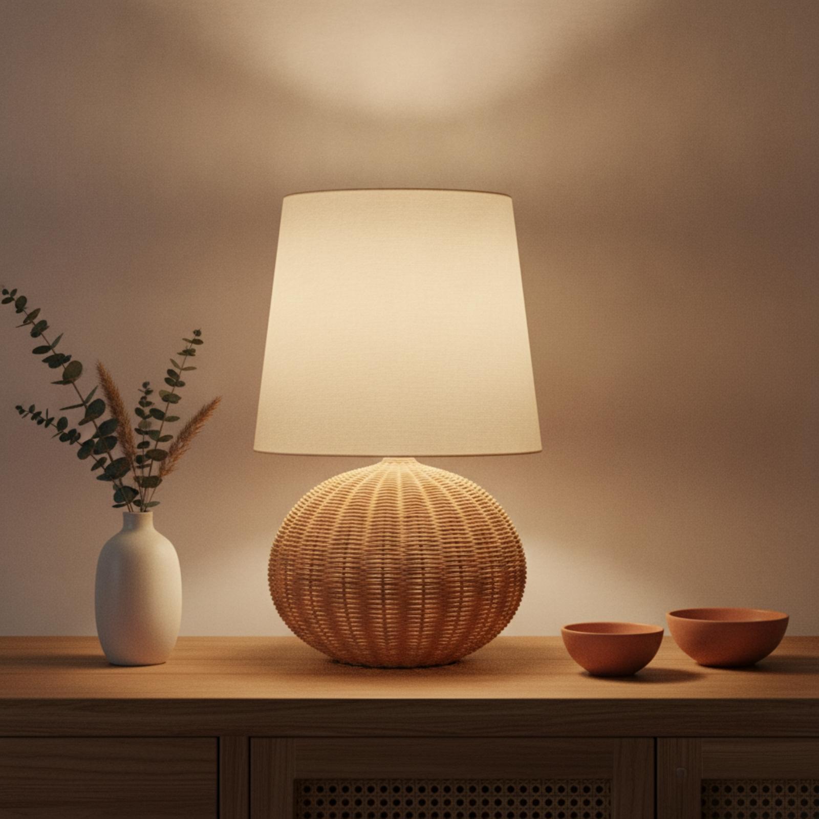 ベッドサイドランプ ラタンベース ファブリックシェード ナイ - Home Textile のレビューと価格
